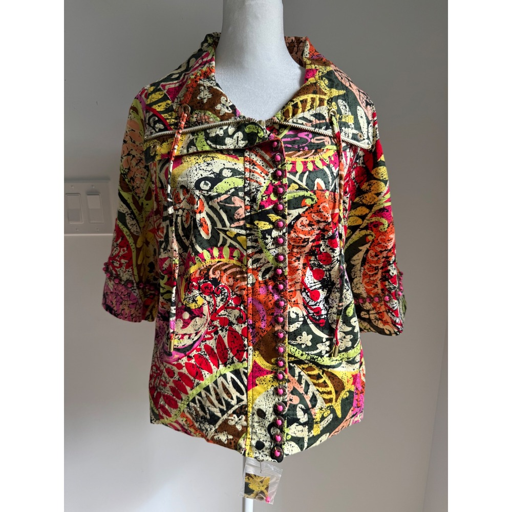 Peck & Peck Weekend Abstract Paisley Print Zip Front Jacket Pink Beads Small